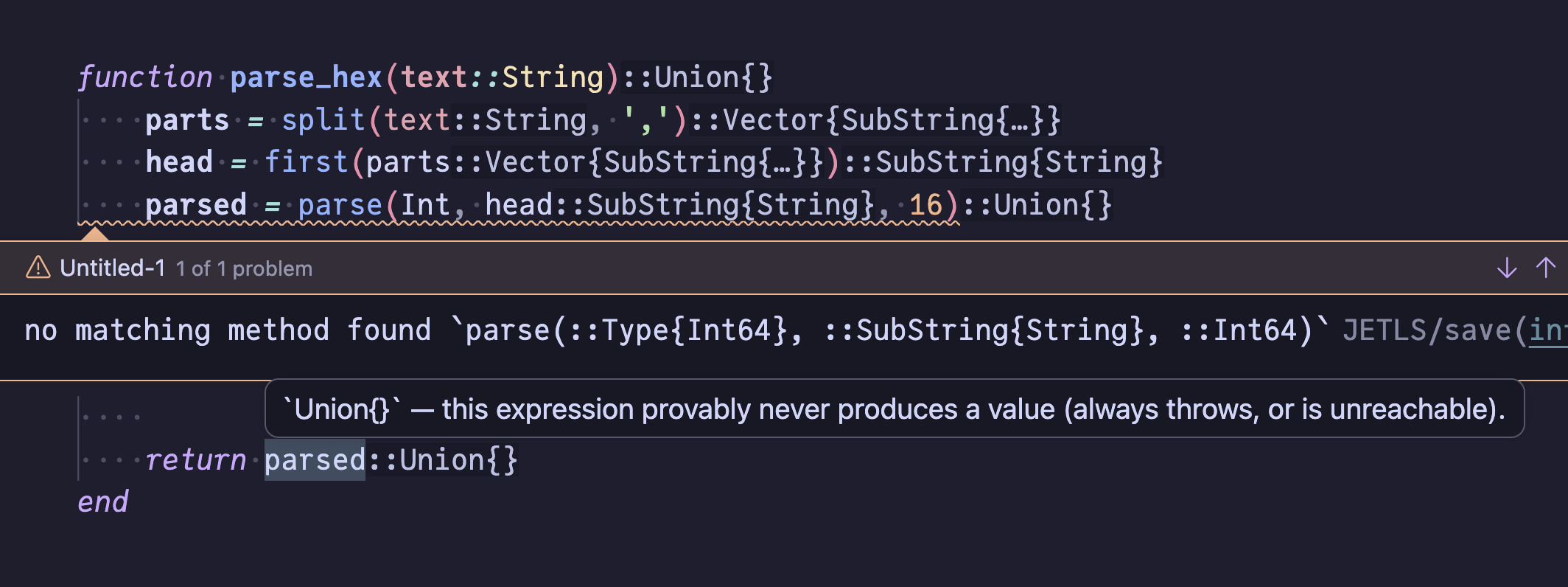 Type hints — non-obvious types and Union{}