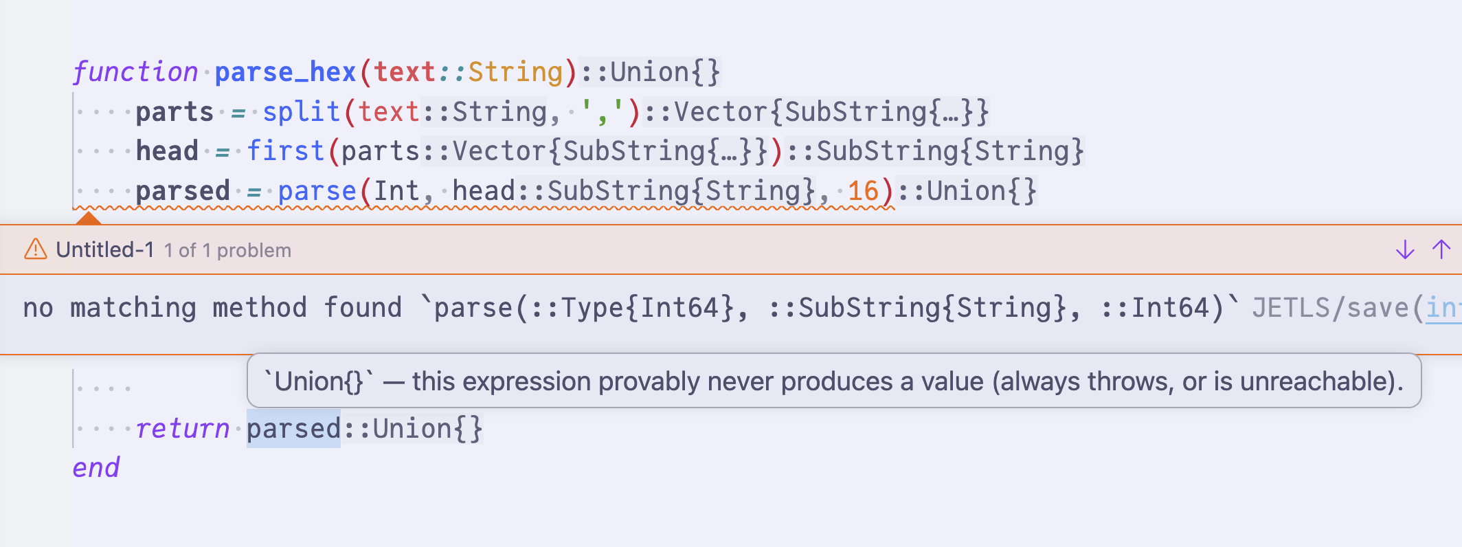 Type hints — non-obvious types and Union{}