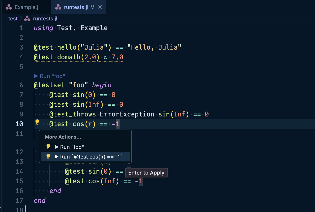 TestRunner Code Actions @test case