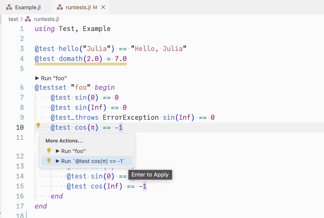 TestRunner Code Actions @test case